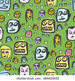 Artistic colorful seamless pattern with people. Ink drawing simply faces in doodle style.