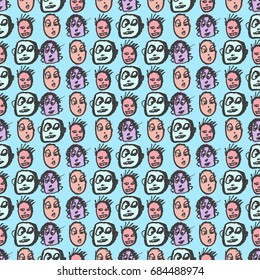 Artistic colorful seamless pattern with people. Ink drawing simply faces in doodle style.