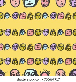 Artistic colorful seamless pattern with people. Ink drawing simply faces in doodle style. Design for social media, backgrounds and textile or wrapping paper
