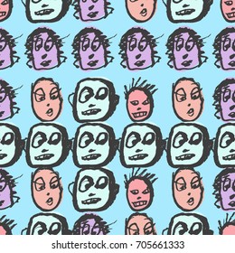 Artistic colorful seamless pattern with people. Ink drawing simply faces in doodle style. Design for social media, backgrounds and textile or wrapping paper