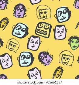 Artistic colorful seamless pattern with people. Ink drawing simply faces in doodle style.