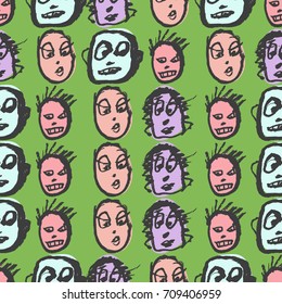 Artistic colorful seamless pattern with people. Ink drawing simply faces in doodle style. Design for social media, backgrounds and textile or wrapping paper