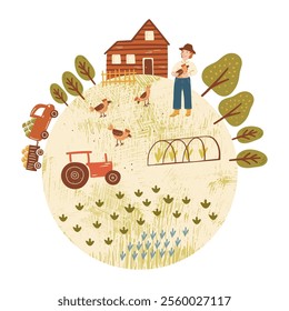 Artistic colorful vector poster featuring organic farmer and his farm set on a globe, symbolizing small business problems and solutions movement to a global level. All in hand drawing flat style.