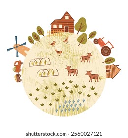 Artistic colorful vector poster featuring organic farm production set on a globe, symbolizing rural agricultural problems and solutions movement to a global level. All in hand drawing flat style.
