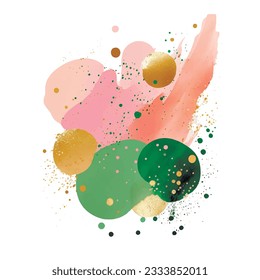 Artistic colorful watercolor splash blot splatter stain with gold glitters. Green pink watercolor brush strokes. Beautiful trendy textured hand drawn vector illustration. Isolated design on white.