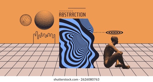 Artistic composition. Abstract man sitting in a virtually created space. Time for creative thinking. Man thinks about a problem. 3D modelling of the human body. 3D illustration for design.