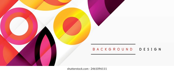 An artistic composition of circles and triangles in various tints and shades of magenta, carmine, and white. The pattern is created with rectangles and circles on a colorful background