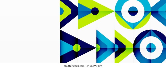 An artistic composition featuring a mix of azure, electric blue, and tints and shades of green in a symmetrical pattern of rectangles, triangles, circles, and arrows on a white background