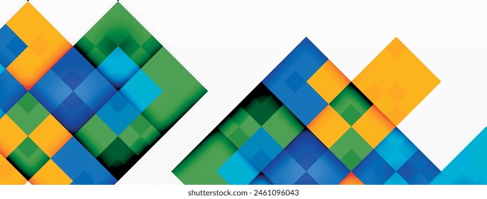 An artistic composition featuring a row of azure, electric blue, and yellow rectangles on a white background, demonstrating colorfulness and symmetry