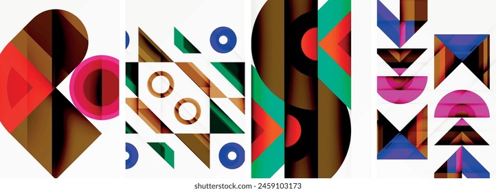 An artistic composition featuring a variety of colorful geometric shapes including rectangles, triangles, circles, and patterns on a white background, creating a symmetrical and vibrant display