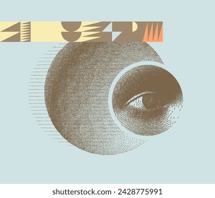 Artistic composition with geometric pattern and eye in a circle. A researcher studying something. Cover design template for science brochure layout, presentation, poster or cover. Vector illustration.