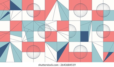 An Artistic Composition of Geometric Shapes and Patterns in Blue White and Red
