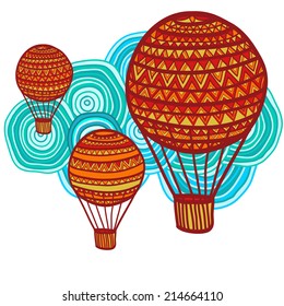 Artistic composition of hand drawn air balloons and cloud. Vector illustration.