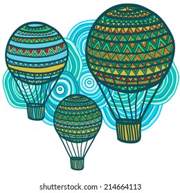 Artistic composition of hand drawn air balloons and cloud. Vector illustration.