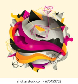 Artistic composition made of various abstract geometric and curved shapes in intense colors. Vector illustration.