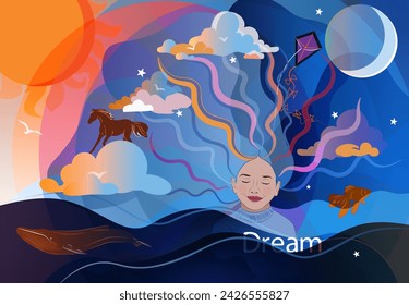 Composición artística sobre el tema "Sueño". Ilustración vectorial. Se puede utilizar para decorar libros. Como estampado para una bufanda, manta, colcha. Lleva la idea del cumplimiento de los deseos. 