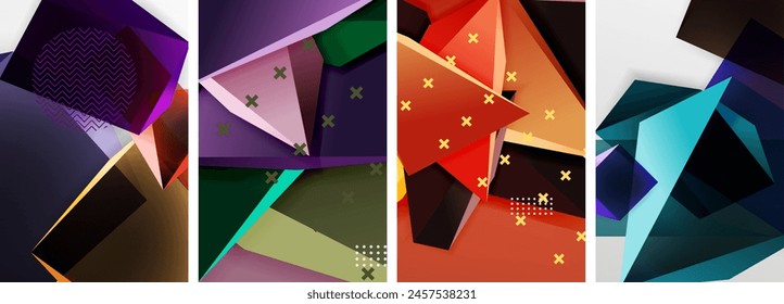 An artistic composition of rectangles, triangles, tints and shades in magenta and electric blue creates a symmetrical pattern on a white background