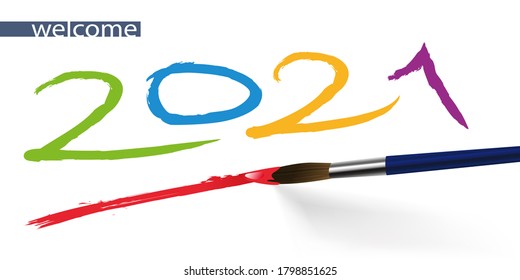 Artistic concept for a greeting card, with the year 2021 written in different colors with a brush, on a white background.