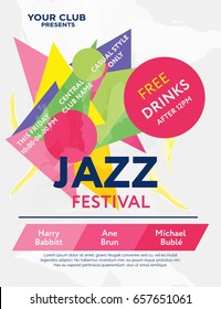 Artistic Conceptual Illustration For Jazz Festival - Lettering And Big Triangles With The Great Colors. Poster And Advertisement Design. Trendy Colors In A Modern Material Design Style.