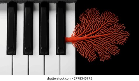 Artistic conceptual image blending the world of music and marine nature, showing piano keys growing into a branch of red coral.