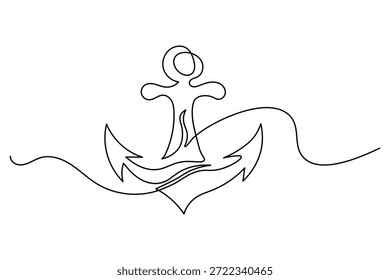Anclaje artístico de línea continua con silueta de persona, vástago y símbolo de la ola del océano, ideal para la conexión humana con la marca del mar, impresiones náuticas de estilo de vida, ropa de vela, decoración marina y diseños inspiradores temáticos del océano