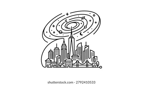 Artistic continuous line art depicting a celestial spiral above an urban cityscape with a bridge, suitable for contemporary logos and architectural design elements.