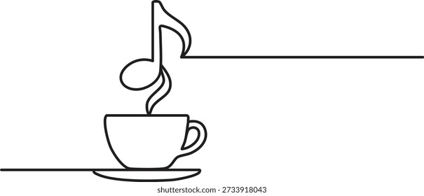 Dibujo artístico de línea continua de una taza de café con vapor que se eleva en forma de nota musical.