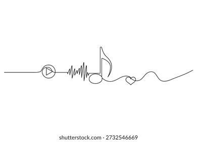 Künstlerische durchgehende Linienzeichnung von musikalischen Symbolen für Melodie und Liebe Konzeptgrafik