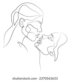 An artistic couple in the same row. Love poster. Two faces. A continuous string of people demonstrating love. The face is one line.