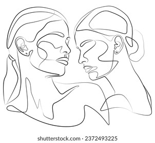 An artistic couple in the same row. Love poster. Two faces. A continuous string of people demonstrating love. The face is one line.
