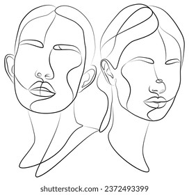 An artistic couple in the same row. Love poster. Two faces. A continuous string of people demonstrating love. The face is one line.