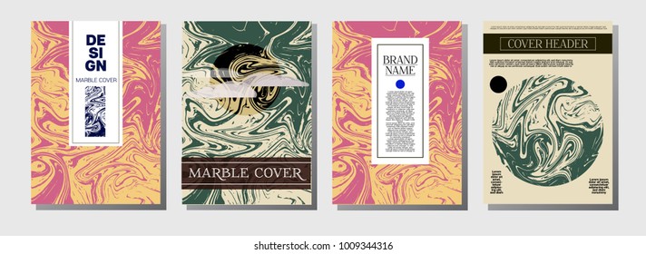 Artistic Cover Design. A4 Marble Textured Set. Trendy Oil Paint Blue, Green, Yellow, Purple, Orange, Red Business Templates. Artistic Cover Design, Suminagashi Background, Marble Texture.