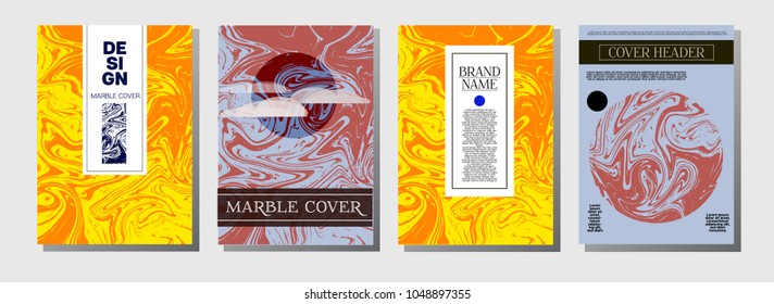 Artistic Cover Design. Cool Marble Texture Set. Ocher, Blue, Green, Yellow, Purple, Orange, Red Ebru Liquid Paint Background. Artistic Cover Design, Suminagashi Watercolor Wash.