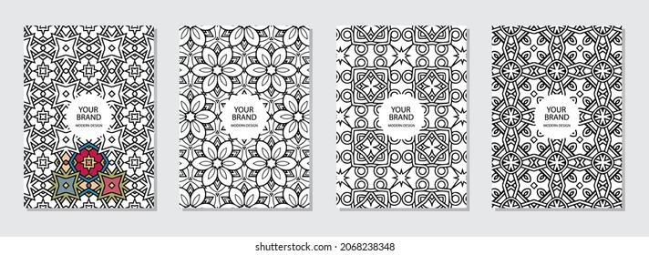 Conjunto de diseño de portada artística. Antiestrés geométrico de color blanco negro. Motivos orientales, indios, mexicanos, aztecos. Plantillas verticales para la distribución de revistas, folletos, presentaciones, libros de coloreo.