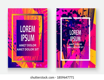 Artistic cover frame design paint splatter set vector illustration. Neon blurred pink blue yellow color gradient. Abstract texture geometric pattern trend background. Modern artwork template banner