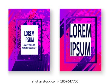 Artistic cover frame design paint splatter set vector illustration. Neon blurred purple pink colors gradient. Abstract retro style texture geometric pattern trend background. Modern artwork template
