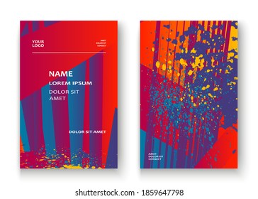 Künstlerischer Cover Rahmen Design Farbe Splatter Satz Vektorgrafik. Neon unscharfen roten Farbverlauf.Abstrakte Textur geometrisch gestreifte Muster Trend Hintergrund. Futuristische Kunstvorlage-Banner