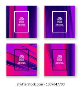 Artistic cover set design vector illustration. Neon blurred pink purple gradient. Abstract retro style texture geometric line pattern.Striped minimalist trend background. Modern template design banner