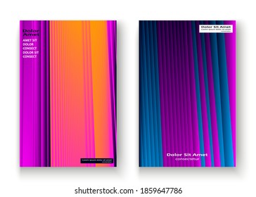 Artistic cover set design vector illustration. Neon blurred purple gradient. Abstract retro style texture geometric lines pattern. Striped minimalist trend background. Modern template design banner