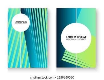 Artistic cover set design vector illustration. Neon blurred blue cyan gradient. Abstract retro texture geometric lines pattern. Striped minimalist trend background. Futuristic template design banner