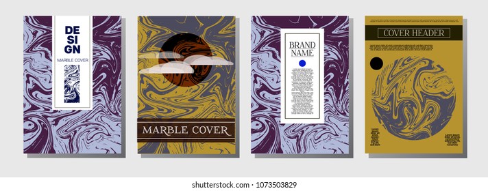 Artistic Covers Set. Business Marble Texture. Ocher, Blue, Green, Yellow, Purple, Orange, Red Hipster Liquid Paint Background. Artistic Cover Design, Suminagashi Watercolor Wash, Marble Texture.