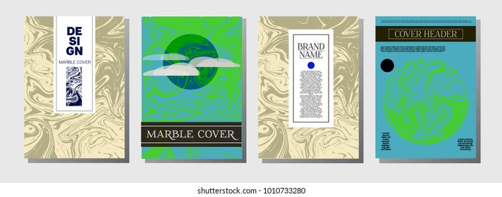 Artistic Covers Set. Corporate Marble Texture. Ocher, Blue, Green, Yellow, Purple, Orange, Red Ebru Liquid Paint Background. Artistic Cover Design, Suminagashi Watercolor Wash, Marble Texture.