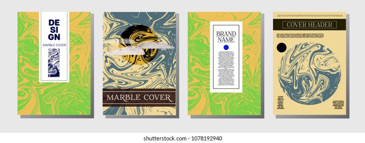Artistic Covers Set. Corporate Marble Texture. Futuristic Ocher, Blue, Green, Yellow, Purple, Orange, Red Liquid Paint Background. Artistic Cover, Ebru Painting Invitation Design, Marble Texture.