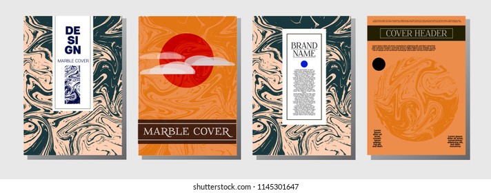 Artistic Covers Set. Corporate Marble Texture. Futuristic Ocher, Blue, Green, Yellow, Purple, Orange, Red Liquid Paint Background. Artistic Cover, Elegant VIP Ebru Invitation Design, Marble Texture.