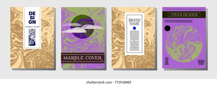 Artistic Covers Set. Corporate Marble Texture. Futuristic Oil Paint Blue, Green, Yellow, Purple, Orange, Red Business Templates. Artistic Cover, Rich Noble Ebru Invitation Design, Marble Texture.