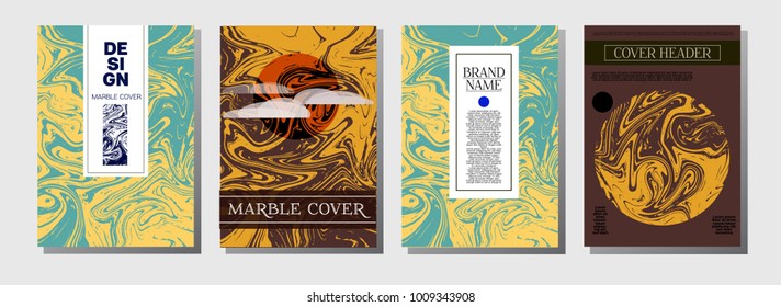 Artistic Covers Set. Marble Texture Background. Futuristic Oil Paint Blue, Green, Yellow, Purple, Orange, Red Business Templates. Artistic Cover Design, Suminagashi Watercolor Wash, Marble Texture.