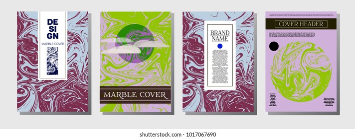 Artistic Covers Set. Marble Texture Background. Futuristic Ocher, Blue, Green, Yellow, Purple, Orange, Red Liquid Paint Background. Artistic Cover Design, Suminagashi Watercolor Wash, Marble Texture.