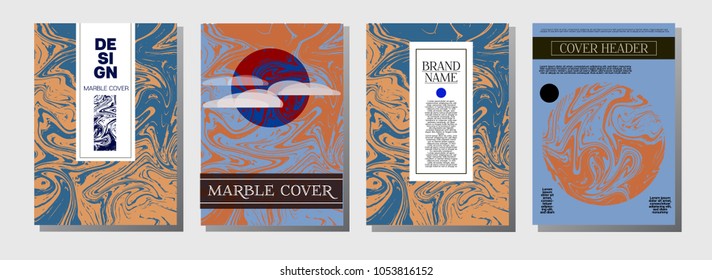 Artistic Covers Set. Marble Texture Template. Futuristic Ocher, Blue, Green, Yellow, Purple, Orange, Red Liquid Paint Background. Artistic Cover, Elegant VIP Ebru Invitation Design, Marble Texture.