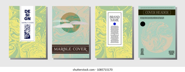 Artistic Covers Set. Marble Texture Template. Reatistic Liquid Paint Blue, Green, Yellow, Purple, Orange, Red Business Templates. Artistic Cover Design, Suminagashi Watercolor Wash, Marble Texture.