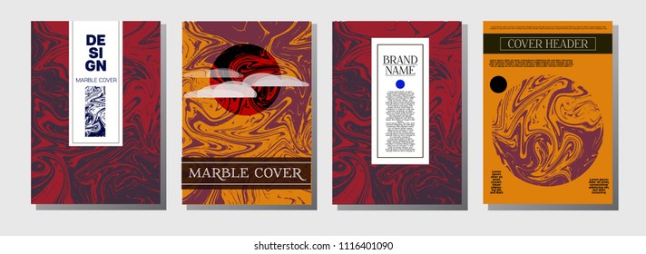 Artistic Covers Set. Marble Texture Background. Futuristic Ocher, Blue, Green, Yellow, Purple, Orange, Red Liquid Paint Background. Artistic Cover Design, Suminagashi Watercolor Wash, Marble Texture.
